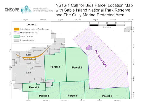 NS16-1 Call for Bids Parcel Location Map with Sable Island National Park Reserve and The Gully Marine Protected Area